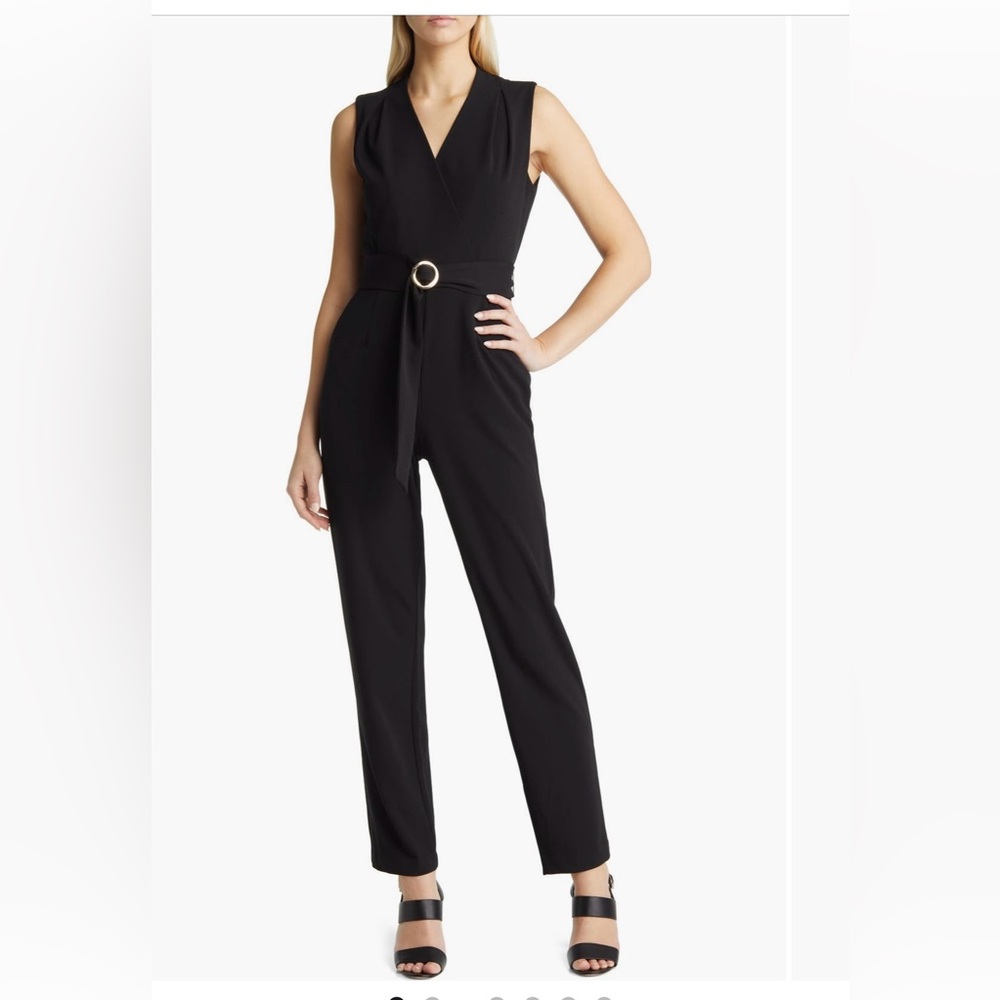 Tahari ASL black wrap bodice jumpsuit with round gold belt buckle size 10